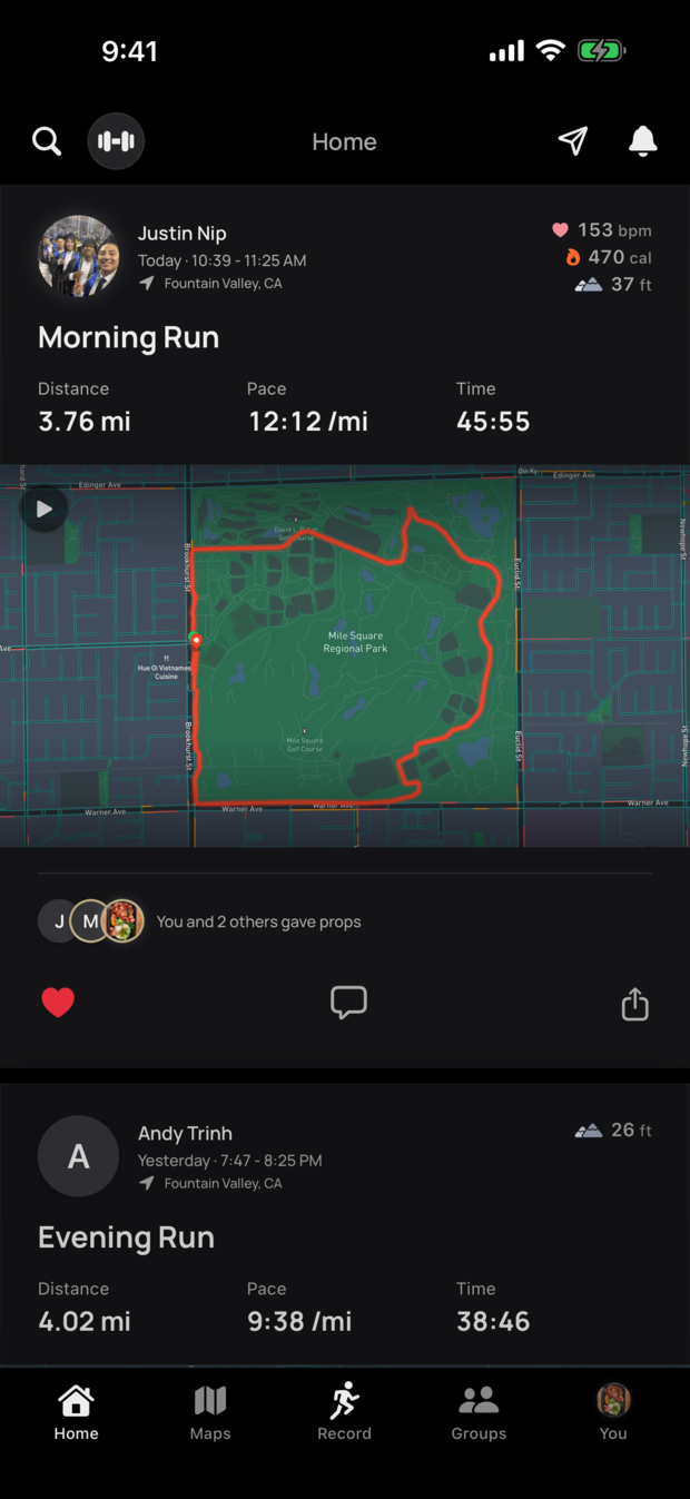 The Fyt home feed showing a friend's morning run with its route map, heart rate, calories, and props from the crew