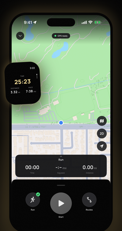 Pressure's App Store picture &ldquo;Record your run, live&rdquo;: an iPhone ready to start a run on a map, beside an Apple Watch recording one