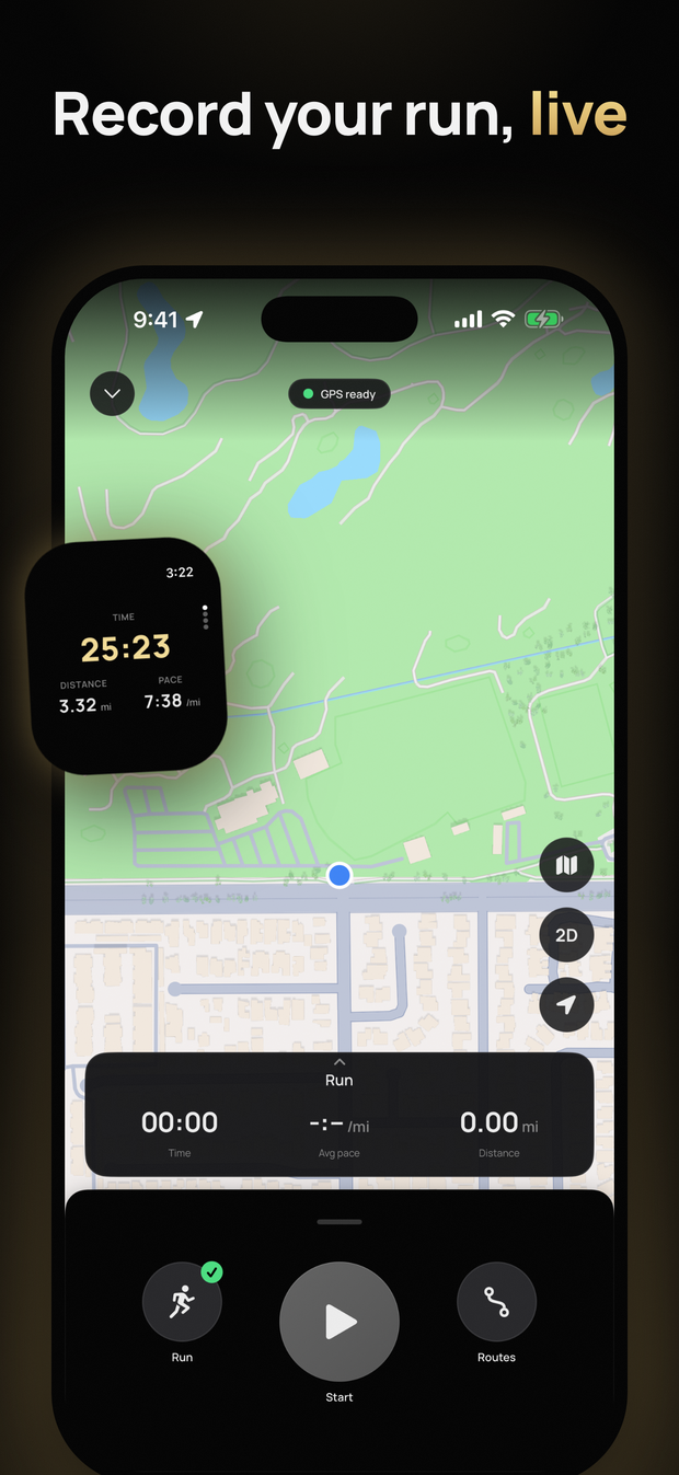 Pressure's App Store picture &ldquo;Record your run, live&rdquo;: an iPhone ready to start a run on a map, beside an Apple Watch recording one