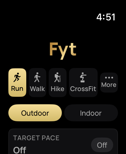 The Pressure Apple Watch start screen with Run, Walk, Hike, and CrossFit activities, outdoor and indoor modes, and a target pace setting
